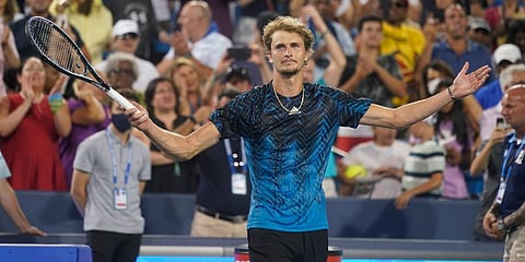 Alexander Zverev, of Germany, reacts after defeating Stefanos Tsitsipas, of Greece, during the Western & Southern Open tennis tournament in Mason, Ohio. (Photo | AP)