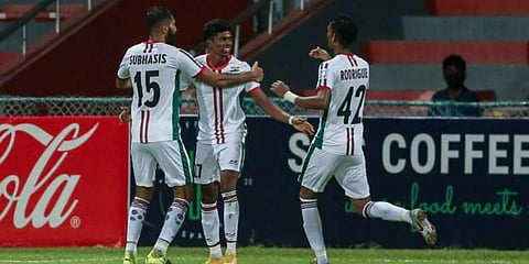ATK Mohun Bagan's Liston Colaco (C) celebrates with teammates after scoring a goal against Maziya in Male on Saturday night. (Photo | AFC)