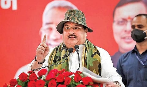 BJP national president J P Nadda addressing a gathering on the second day of his his two-day visit to Uttarakhand on Saturday.