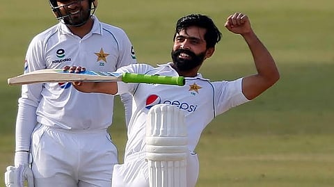 Fawad Alam celebrates his ton on day 3 of the 2nd Test match vs West Indies. (Photo| Twitter)
