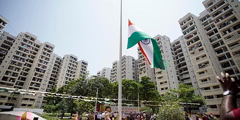 Delhi CM Arvind Kejriwal inaugrated a Tricolour installed on a 115-metre pole in East Kidwai Nagar. (Photo| EPS)