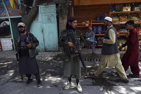 Taliban fighters stand guard at a checkpoint in the Wazir Akbar Khan neighborhood in the city of Kabul, Afghanistan, Sunday, Aug. 22, 2021 (Photo | AP)