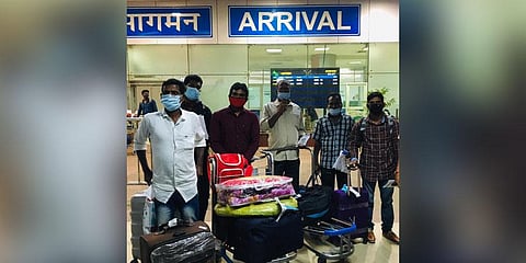 Six Indian fishermen who arrived at Chennai Airport on Sunday. (Photo | Express)