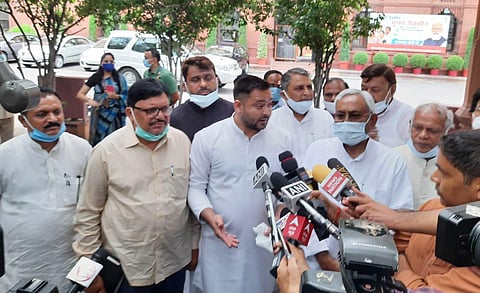 Bihar CM Nitish Kumar, RJD leader Tejashwi Yadav and others address the media after meeting with PM Narendra Modi over caste census at PMO in New Delhi on Monday. (Photo | Shekhar Yadav, EPS)