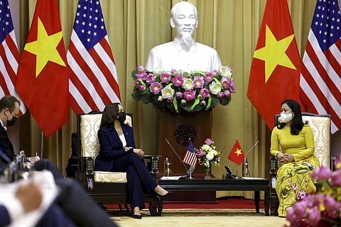 U.S. Vice President Kamala Harris, left, speaks with Vietnam's Vice President Vo Thi Anh Xuan at the Presidential Palace in Hanoi, Vietnam (Photo | AP)