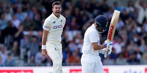 England's James Anderson (L)Â celebrates the dismissal of India's captain Virat Kohli (R)Â during the first day of third Test match, at Headingley cricket ground in Leeds. (Photo | AP)