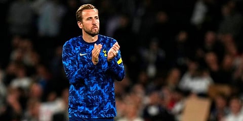 Tottenham's Harry Kane applauds to fans at the end of the Europa Conference League playoffs. (Photo | AP)