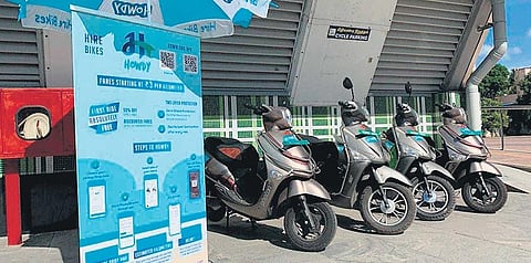 File photo of electric bikes parked outside a metro station in Chennai. (File photo | Express)