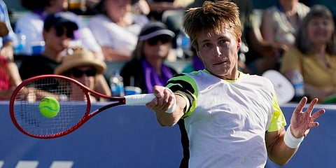 Ilya Ivashka hits to Mikael Ymer during the finals of the Winston-Salem Open tennis tournament in Winston-Salem, N.C. (Photo | AP)
