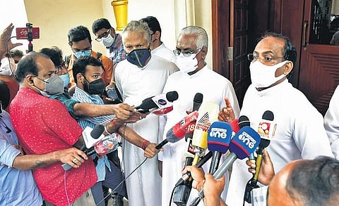 Priests of the Ernakulam-Angamaly Archdiocese addressing the media after their discussions with Archbishop Mar Antony Kariyil at Bishop’s House in Kochi on Saturday | Albin Mathew