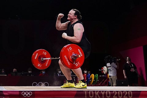 Laurel Hubbard of New Zealand reacts after a lift in the women's +87kg weightlifting event at the 2020 Summer Olympics. (Photo | AP)