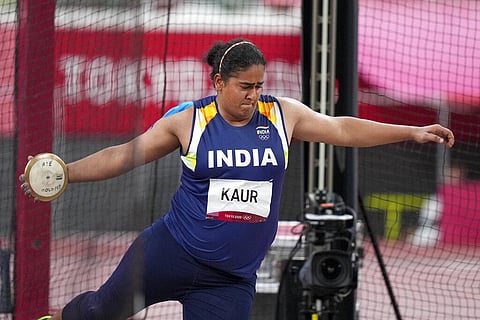 Kamalpreet Kaur, of India, competes in the women's discus throw final at the 2020 Summer Olympics. (Photo | AP)