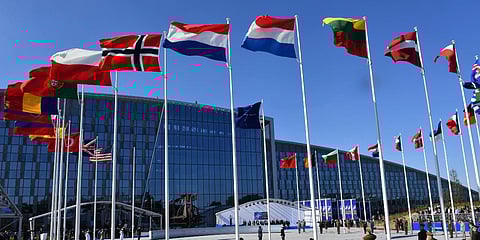 Flags of countries who are a part of NATO military alliance. (File photo| AP)