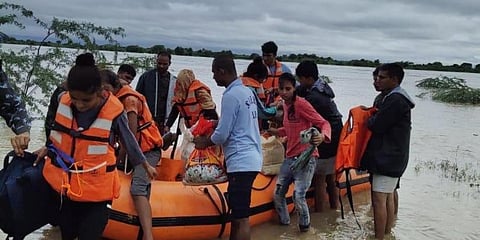 NDRF conducts rescue operation in flood-affected Barua village of Dabra Tehsil, in Gwalior. (Photo | ANI)