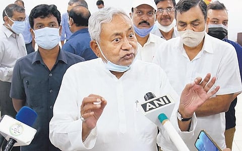 Bihar Chief Minister Nitish Kumar speaks to media after the ‘Janata Ka Darbar’ programme in Patna | PTi