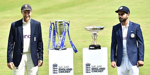 England captain Joe Root and India captain Virat Kohli with the trophies prior to the first Test Match at Trent Bridge cricket ground. (Photo | AP)