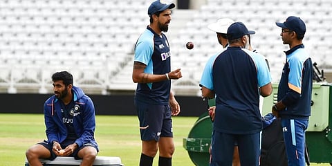 India's Ishant Sharma and Jasprit Bumrah during nets practice prior to the first Test Match between England and India at Trent Bridge cricket ground. (Photo | AP)