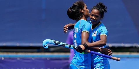 India midfielder Salima Tete (R) celebrates with forward Vandana Katariya during an Olympic game in Tokyo. (Photo | AP)