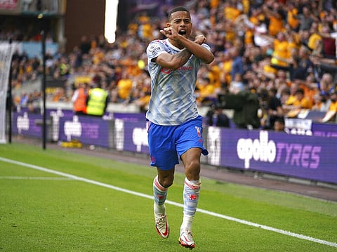 Manchester United's Mason Greenwood celebrates scoring their side's first goal of the game during the English Premier League soccer match against Wolverhampton Wanderers, Aug 29, 2021. (Photo | AP)