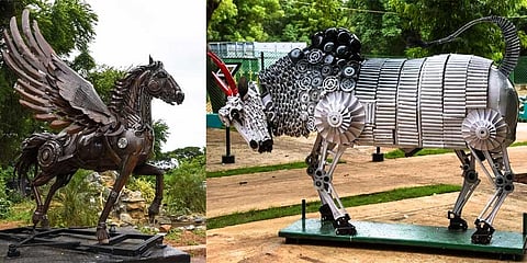 Sculptures showcased at the Golden Rock railway workshop at Ponmalai in Tiruchy. All these are made from the scrap discarded from the workshop. (Photo - MK Ashok Kumar | Express)