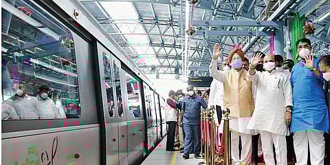 Union Minister Hardeep Singh Puri, Chief Minister Basavaraj Bommai, Revenue Minister R Ashoka and others at the inauguration of Mysuru Road-Kengeri Line in Bengaluru on Sunday.