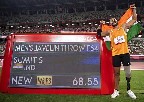 India's Sumit Antil sets a World Record of 68.55 meters and wins the gold medal during the Men's Javelin Throw F44 in the Athletics during the Tokyo 2020 Paralympic Games in Tokyo. (Photo | AP)