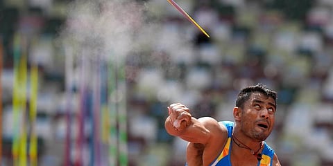 India's Sundar Singh Gurjar competes during the men's javelin throw F46 in the 2020 Paralympics at the National Stadium in Tokyo, Monday, Aug. 30, 2021. (Photo | AP)
