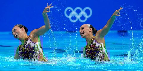 Eden Blecher and Shelly Bobritsky of Israel compete in the duet technical routine at the the 2020 Summer Olympics, Tuesday, Aug. 3, 2021, in Tokyo, Japan. (Photo | AP)