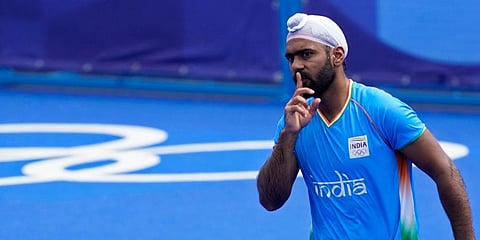India's Simranjeet Singh (10) celebrates after scoring against Spain during a Men's field hockey match at the 2020 Summer Olympics in Tokyo, Japan. (Photo | AP)