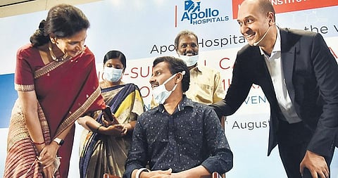 Apollo Hospitals Group executive vice chairperson Dr Preetha Reddy interacts with Vijayawada-based Kameswara Rao, who underwent a successful MitraClip procedure. Sr Interventional Cardiologist Dr Sai