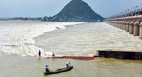 A view of floodwater level increasing at Prakasam Barrage I Express