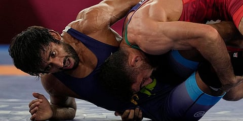 Representative Image: Azerbaijan's Haji Aliyev, right, competes against India's Bajrang Punia during their men's freestyle 65kg wrestling semifinal match at the 2020 Summer Olympics in Chiba, Japan.