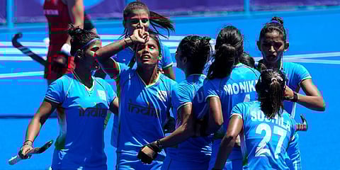 India's Vandana Katariya, second from left, celebrates her goal with teammates during the women's field hockey bronze medal match against Britain at the 2020 Olympics in Tokyo, Japan. (Photo | AP)