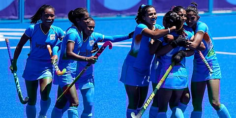 India players celebrate a penalty corner goal by Gurjit Kaur, second from right, during the women's field hockey bronze medal match against Britain at the 2020 Olympics in Tokyo, Japan. (Photo | AP)