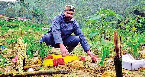 Rejimon, a resident of Pettimudi, straightens a flower garland placed by 6-year-old Priyadarshini’s relatives on her birthday on July 31. Her body is yet to be recovered | Pics: Express