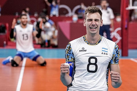 Argentina's Agustin Loser celebrtate his team victory after winning the men's volleyball bronze medal match between Argentina and Brazil at the 2020 Summer Olympics. (Photo | AP)