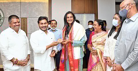 CM Jagan Mohan Reddy felicitates Olympic bronze medal winner PV Sindhu at the Secretariat on Friday I Express
