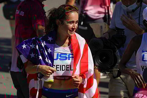 Molly Seidel, of United States, reacts after her third place finish in the women's marathon at the 2020 Summer Olympics. (Photo | AP)