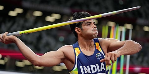 Neeraj Chopra, of India, competes in the men's javelin throw final at the 2020 Summer Olympics, Saturday, Aug. 7, 2021, in Tokyo. (Photo | PTI)