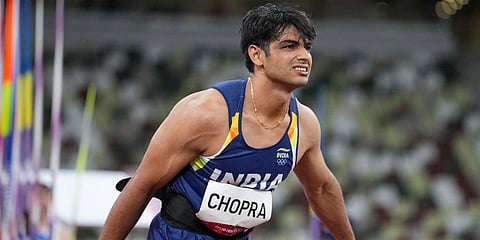 Neeraj Chopra, of India, competes in the men's javelin throw final at the 2020 Summer Olympics, Saturday, Aug. 7, 2021, in Tokyo. (Photo | AP)