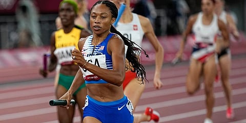 Allyson Felix, of the United States, runs in the women's 4 x 400-meter relay at the 2020 Summer Olympics in Tokyo. (Photo | AP)