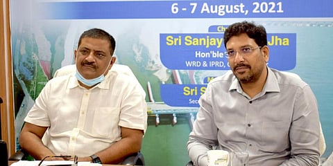 Bihar WRD minister Sanjay k Jha and WRD principal secretary Sanjeev Hans attend the international webinar on flood management and irrigation improvement issues in Bihar. (Photo | Express)