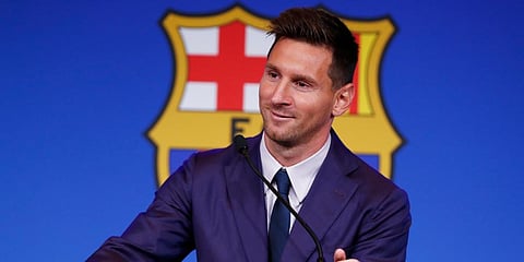 Lionel Messi smiles at the end of a press conference at the Camp Nou stadium in Barcelona, Spain. (Photo | AP)