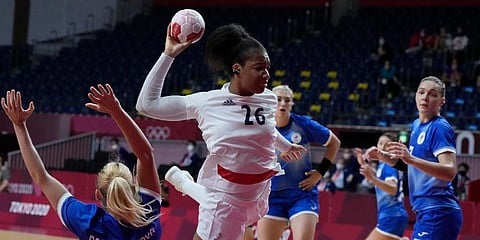 France's Pauletta Foppa scores a goal during the women's gold medal handball match between the Russian Olympic Committee and France at the 2020 Summer Olympics in Tokyo, Japan. (Photo | AP)