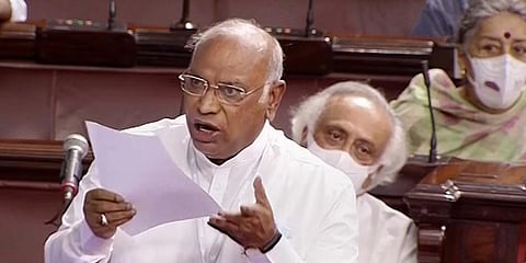 Leader of Opposition in Rajya Sabha Mallikarjun Kharge speaks in the House during the Monsoon Session of Parliament. (Photo | PTI)