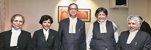 Chief Justice of India NV Ramana (C) with the women judges of the Supreme Court in New Delhi on Tuesday. (Photo | PTI)