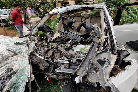 The remains of the SUV that was involved in the crash, in Bengaluru on Tuesday | Ashishkrishna HP
