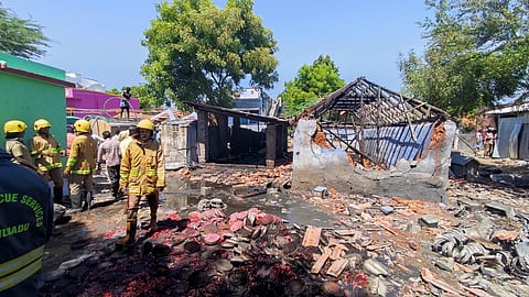 Fire Department personnel control the blaze at the house that was running an illegal craker manufacturing unit. The blast here killed one and left seven injured. (Photo | Express)