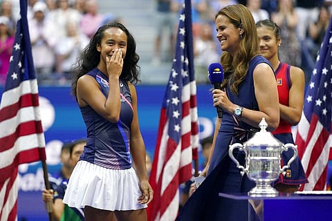 Leylah Fernandez, of Canada, reacts while answering questions after losing to Emma Raducanu, of Britain. (Photo | AP)