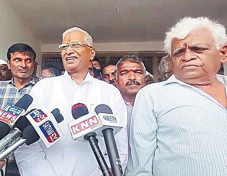 Kagwad MLA Shrimant Patil addresses the media in Ainapur village, Kagwad taluk, on Saturday | Express